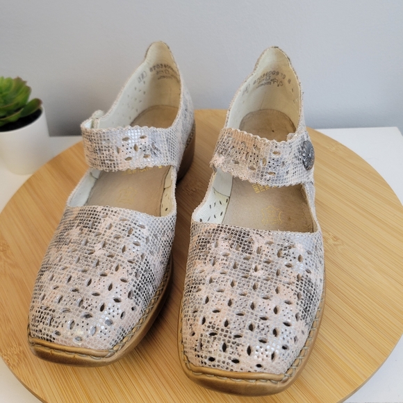 RIEKER Doris anitstress metallic leather perforated square toe Mary Jane shoes - Picture 2 of 16